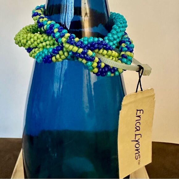 Blue/green/turquoise beaded set of intertwined bracelets - Picture 3 of 4